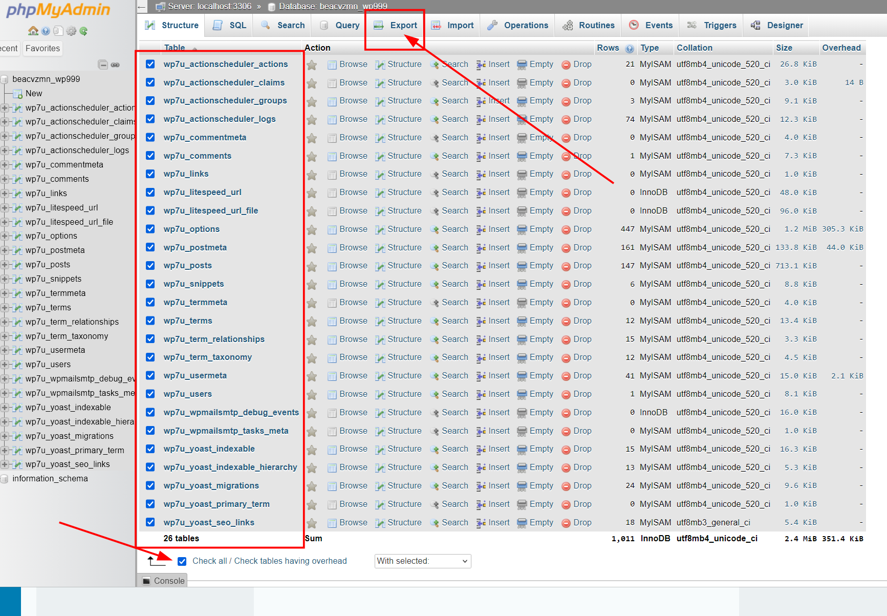 Export WordPress Database